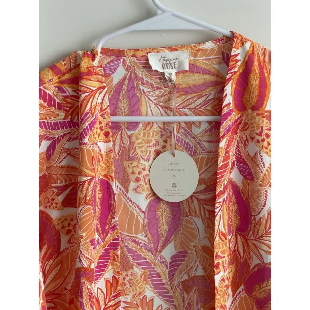 Hippie Rose Leaf Print Duster Cardigan XS Open Front Boho NWT